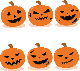 Halloween monster jack lantern orange pumpkin carved glowing scary face set on white background. Holiday cartoon character collection for celebration design. Vector spooky illustration