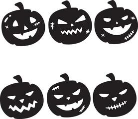Halloween monster jack lantern orange pumpkin carved glowing scary face set on white background. Holiday cartoon character collection for celebration design. Vector spooky illustration
