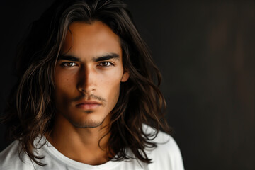 Close-up portrait of a very handsome young hispanic / latino man with brown long hair, deep brown eyes, and a white t-shirt - dark background, copy space, isolated