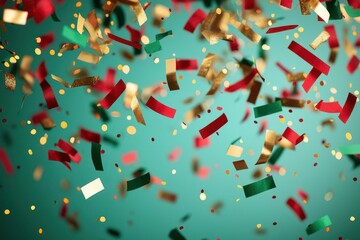 Obraz premium 3d render x-mas red, green, and gold confetti raining down, soft glow bokeh effect, Christmas celebration backdrop