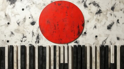 A large red circle with a textured surface, set against a white background with black speckles, is juxtaposed against a row of black and white bars.