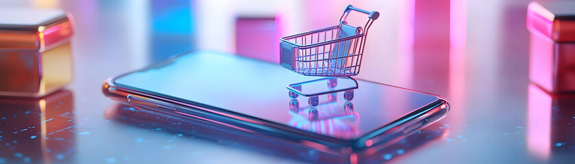 Glossy Smartphone with Holographic Shopping Cart & Percentage Symbol: Cyber Monday Discounts Concept - Dynamic Photo Stock Composition