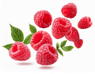 Fresh ripe raspberries flying in the air isolated on white background