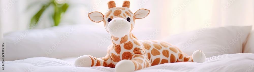 Canvas Prints Plush Giraffe Toy on a White Bed.