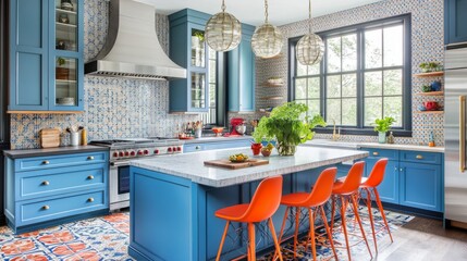 A playful kitchen design with eclectic elements: colorful tiles, bright blue cabinetry, and bold orange stools.