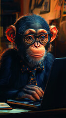 Fototapeta premium Chimpanzee in glasses working on a laptop.