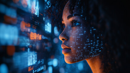 AI Cybersecurity African American Woman Analyzing Futuristic Holographic Data in Augmented Reality