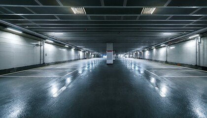 Fototapeta premium Empty parking lot. The interior of an underground garage with a lot of space for cars. Against the background of dark concrete walls. Cement urban premises in the basement of a shopping center 