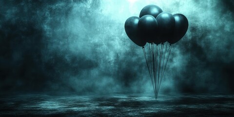 Silhouettes of black balloons suspended in a mysterious fog, evoking a sense of anticipation and uncertainty.