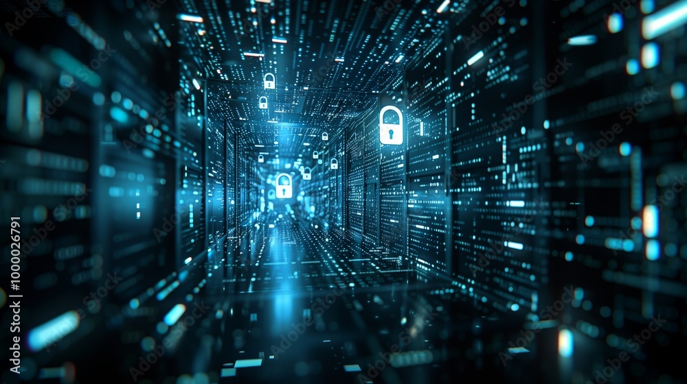 Poster digital background featuring digital padlock symbols on data center screens, creating an atmosphere 
