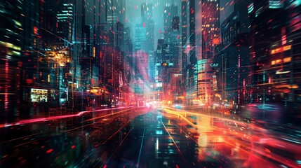 Digital art of an abstract cityscape with glowing neon lights and glitch effects, representing the future of urban technology.