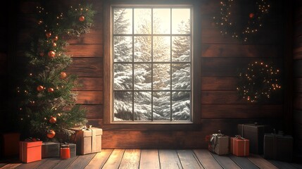 Cozy cabin interior with Christmas tree, wreaths, and gifts by a window overlooking snowy trees. Warm holiday atmosphere for Christmas celebration design and print