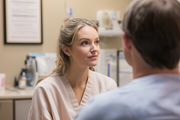 Obraz premium A patient sits with a surgeon during a post-surgery follow-up, as the surgeon gently examines the healing process. Medical charts and equipment in the background create a professional atmosphere with 