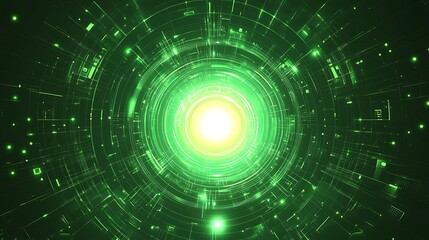 Abstract green glowing circle digital technology background with circular lines and glowing light.