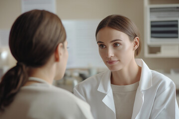 A patient sits with a surgeon during a post-surgery follow-up, as the surgeon gently examines the healing process. Medical charts and equipment in the background create a professional atmosphere with 
