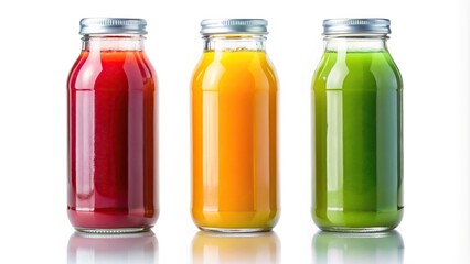 Juice bottles on white background with reflection