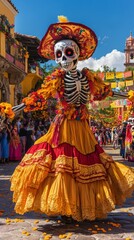 Fototapeta premium Skeleton figure in traditional Day of the Dead parade with colorful dress