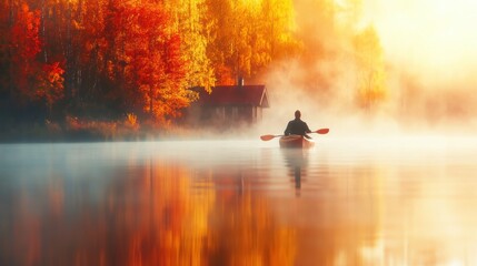Fototapeta premium A person kayaking in water with colorful Autumn foliage woods