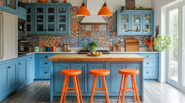 Fun and vibrant eclectic kitchen with blue cabinets, orange stools, and mixed colorful tiles for an inviting atmosphere.