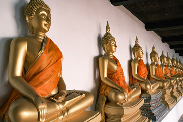Golden Buddha statues was in the temple, Bangkok Thailand