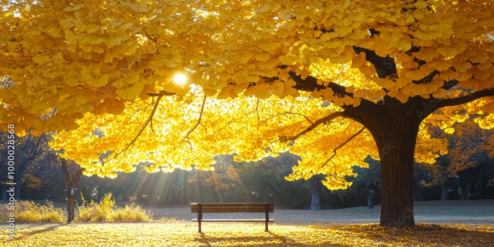 Canvas Prints A peaceful scene under a golden tree. The warm sunlight filters through bright yellow leaves. A bench invites relaxation and reflection. Perfect for nature lovers. AI