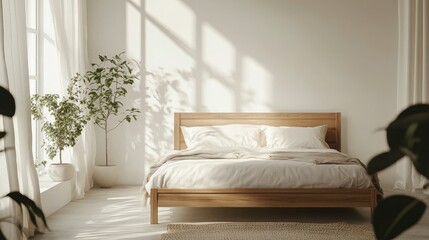 A minimal bedroom with neutral tones, a simple wooden bed, white walls, and a single plant by the window. Clean lines and soft natural light create a peaceful atmosphere