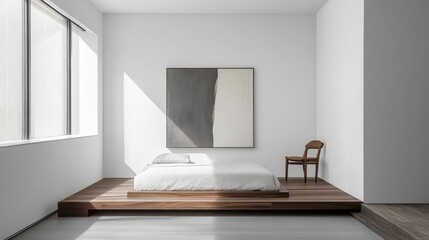 A sleek, minimal bedroom with a bed on a wooden platform, a single chair in the corner, and a large abstract painting on a white wall