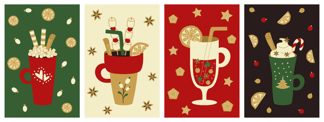  A set of greeting cards with traditional festive winter drinks for Christmas and New Year.