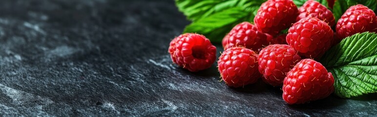 Fresh raspberries with mint leaves on a dark stone surface.