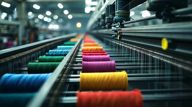 Modern textile mill where fibers are being spun, dyed, and woven into fabrics, with automated looms producing intricate patterns