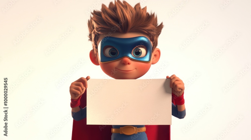 Canvas Prints A young superhero character holding a blank sign, smiling confidently.