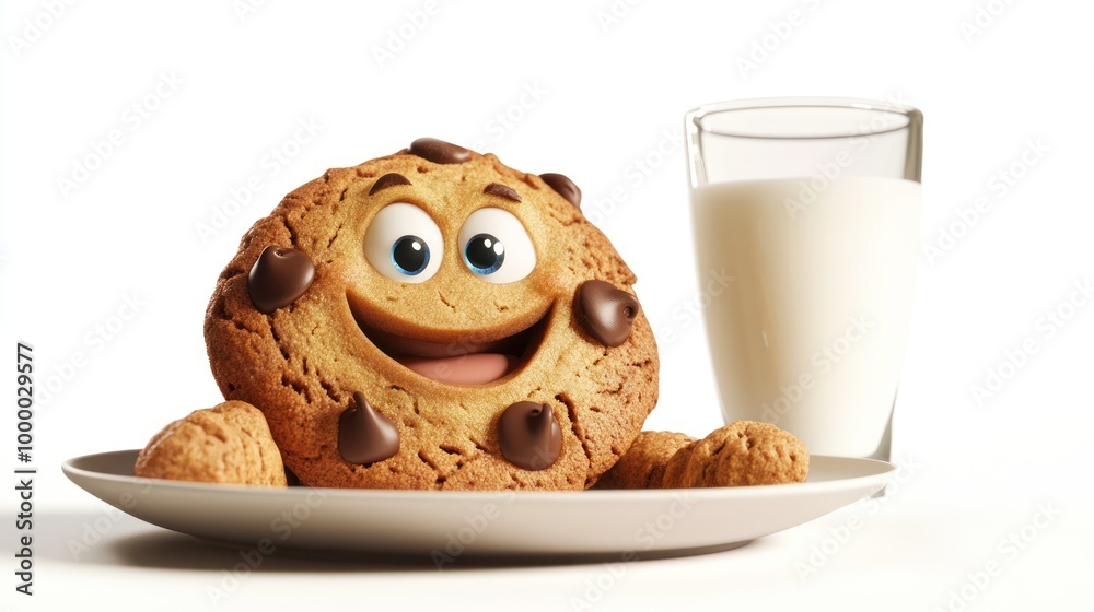 Wall mural A cheerful cartoon cookie with chocolate chips sits next to a glass of milk on a plate.