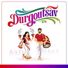 Festive Durgoutsav Couple in Traditional Bengali Attire Woman Holding Diyas Man Playing Dhol, with a Colorful Background of Dancing and Celebration
