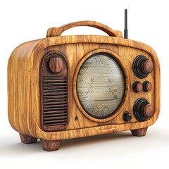 A vintage wooden radio receiver with an antenna, echoing the past, connecting to the airwaves of old.