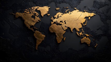 Golden World Map on Black Background