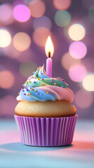 Warm candlelight on a rainbow cupcake