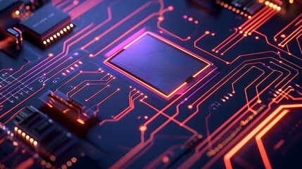 Abstract Circuit Board with Glowing Lines.