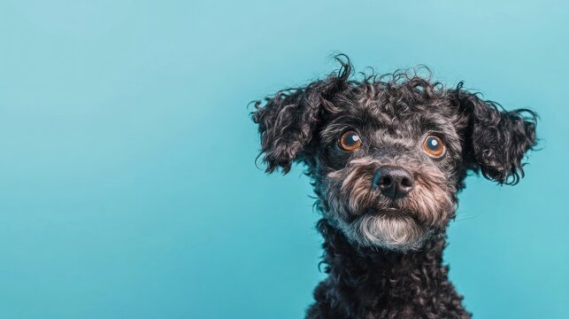 A close-up of a curly-haired black dog with bright eyes against a turquoise background. - Powered by Adobe