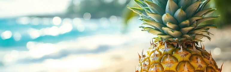 Fototapeta premium A close-up of a pineapple on a beach with a blurred ocean background.