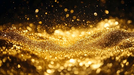 Naklejka premium A mesmerizing swirl of shimmering golden particles against a dark background, creating a stunning visual effect of luxury and opulence.