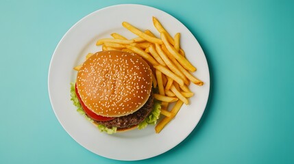 A delicious hamburger with lettuce and tomato, served with crispy French fries on a white plate against a turquoise background.