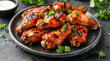 Grilled chicken wings on a plate, garnished with herbs, served with a creamy dipping sauce.