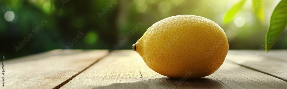 Poster A ripe lemon resting on a wooden surface, illuminated by soft natural light.