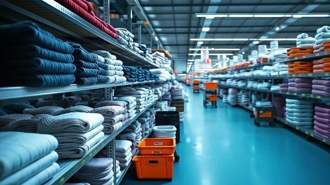 High-efficiency sock manufacturing plant where yarns are being knitted into socks, sorted by size, and packed, ready for shipping