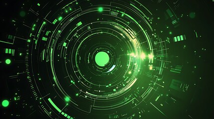 Fototapeta premium Abstract circular green neon light pattern on black background.