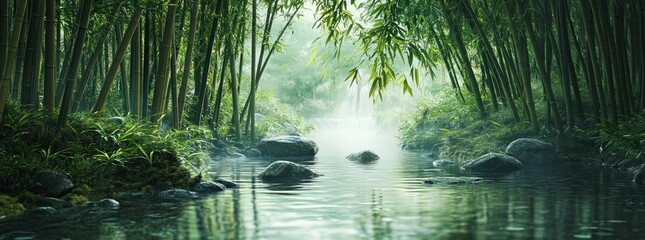 Serene bamboo forest with a calm water reflection and gentle mist.