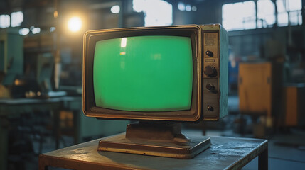 television old classical tv realistic 3d rendered in factory industrial ruined aged look landscape interior space abandoned warehouse chrome key blank green screen