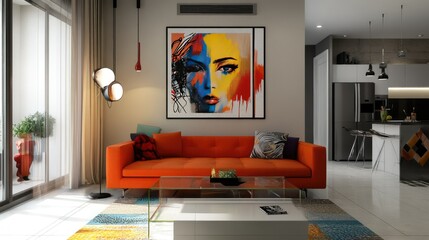Modern apartment interior with a bold orange sofa, a sleek glass coffee table, and colorful wall art, creating a playful yet elegant ambiance.