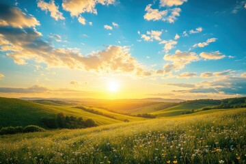 Obraz premium A serene landscape at sunset with rolling hills and a vibrant sky.