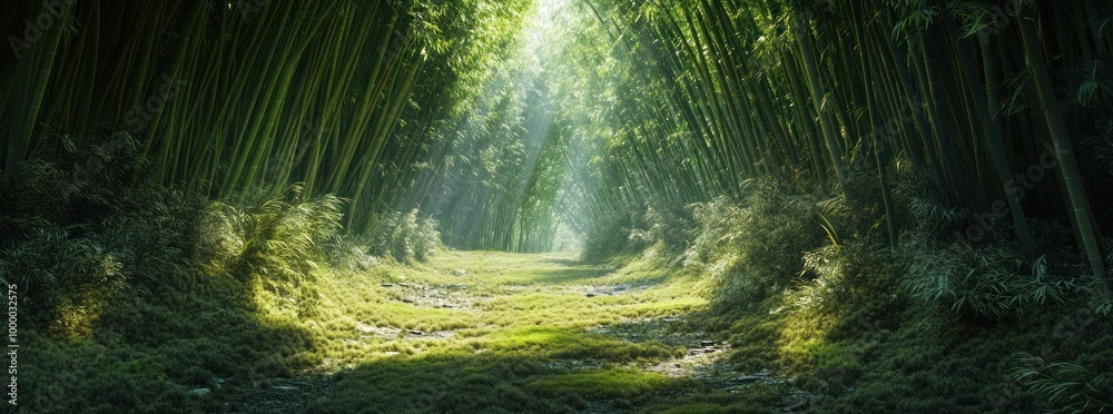 Poster a serene bamboo forest pathway illuminated by soft sunlight.